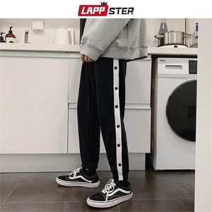 Lappster Men Black Side Striped Button Sweat Pants Overalls Mens Koreaanse hiphop joggers mannelijke Japanse streetwear broek T200704