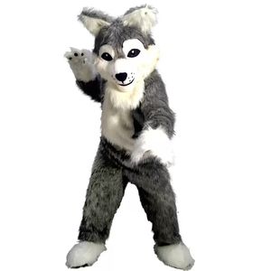 Langes graues Wolf-Maskottchen-Kostüm, Zeichentrickfigur, Erwachsenengröße, hohe Qualität