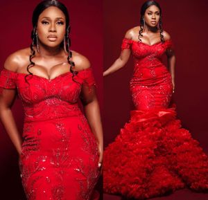 2022 plus size arabic aso ebi Red sereia vestidos de baile luxuosos de renda lacatia festas formais da segunda recepção Vestidos de noivado de aniversário ZJ606