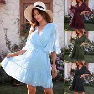 여름 드레스 여자 2022 패션 트렌드 V 넥 하프 슬리브 폴카 도트 쉬폰 디자이너 드레스 Y220413