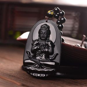 Anhänger Halskette Drop Black Obsidian geschnitzte Buddha Glückliche Amulett Halskette für Frauen Männer Anhänger Schmuck Patronin Heilige Halskette