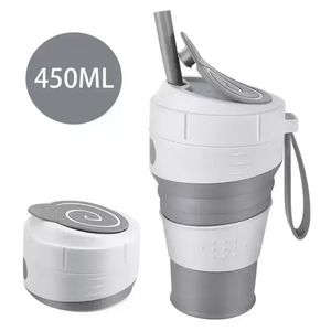 450 ml Silikon Collapsible Coffee Cup med halmläckofast lock för rese vandring picknick mat klass BPA gratis vikbar kaffemugg sxjun26