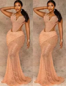 2023 Arabski Aso Ebi Ebi Ebi Ebi -Mermaid Złote Koronkowe sukienki na bal