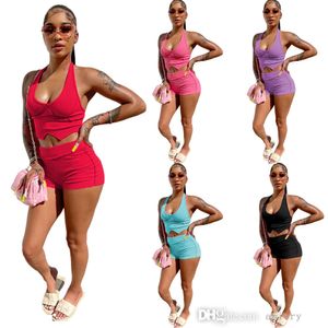 Lovly Tracksuits för Kvinnor Sommar Två Piece Shorts Set Sexig Backless Halter Vest Slim Short Outfits Casual Kvinna Streetwear