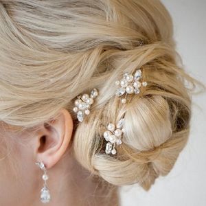 Brudhuvudstycken tillbehör Pearl Flower U Hårklipp Kristall Rhinestone Bride Hair Stift Pin Hearwear Wedding Jewelry