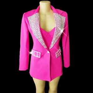 Sahne Giyim Sütyen Şort Ceket 3 Parça Set Pırıltılı Gümüş Rhinestones Takım Elbise Kadın Şarkıcı Dansçı Doğum Günü Balo Akşam Bar Kıyafet SetStage