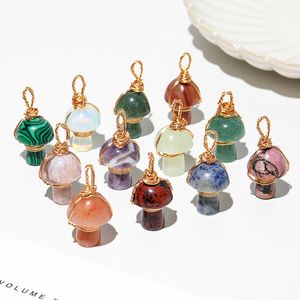 Natural Crystal Stone 2cm Mushroom Statue Carving Charms Reiki Healing Gold wire Wrap Pendant For Necklace Jewelry Making