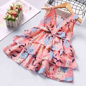Kid Baby Pink Floral Prom Princess Dress Girl Summer Sleeveless Fashion Clothes Child Cute Cotton Casual Evening Layered Dress G220518