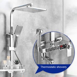 ロングスパウトディスプレイサーモスタットブラックシャワー蛇口セット降雨浴室の浴室の棚付き水路水流は電気を生成します