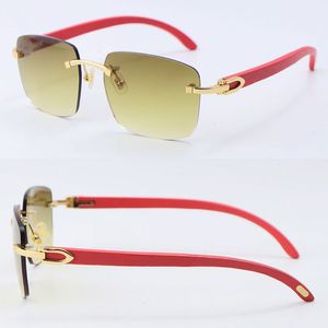Wooden With Metal 18K Gold Red Wood Rimless Sunglasses 8300816 Style Sun Glasses Unisex Ornamental Light color lens Driving Fashion Ornamental Lenses Size:54-18-140