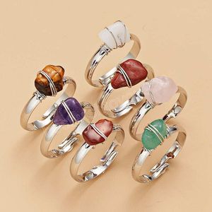 Women Ring Natural Stone Irregular Crystal Alloy Wire Wrapped Adjustable Open Rings Fashion Jewelry Party Decorative Ring Gift