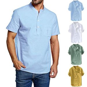 Camisetas masculinas 2022 Moda Moda Menção Summer Summer Casual Casual Manga curta Camisas de linho de algodão Men Botão de colarinho solto com bolso