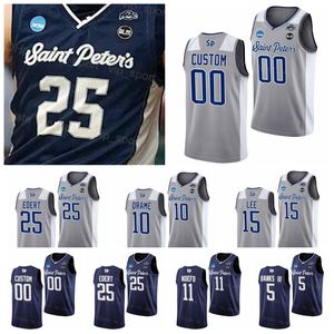 NCAA Saint Peter's Peacocks College 5 Daryl Banks III Trikot Basketball 15 Matthew Lee 10 Fousseyni Drame 14 Hassan Drame KC Ndefo Doug Edert University Marineblau Grau