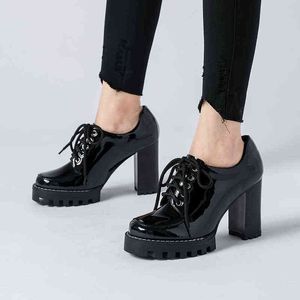 Dress Shoes Genuine Leather High Heel Woman Pumps Fashion Round Toe Lazy Ladies Black Platform 220318