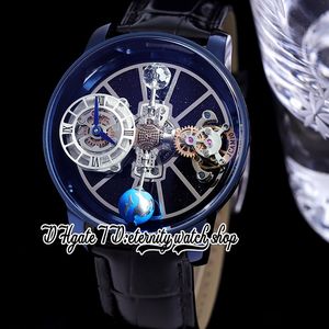 BZF Astronomia Tourbillon Swiss Quartz Mens Watch PVD Blue Stainless Steel Case Sky Skeleton 3D Globe Dial (won't spin) Black Leather Static version eternity Watches