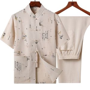 Homens clássicos Bordado Wushu Roupas Vintage Manga curta Taichi uniforme de verão algodão masculino Tang Dragon camisa 3xl 220621