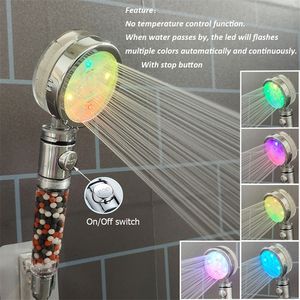 ZL Bathroom Led Shower Nozzle with Stop Button Rain Temperature Sensor Negative Ion High Pressure Handheld Filter Shower Head 220525