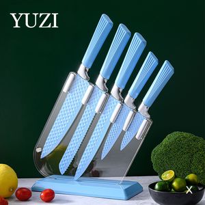 Yuzi Ze Stali Nierdzewnej Noże Kitchen Noże 6 sztuk Zestaw Knife Szef Kuchni Łóżka Krojenia Narzędzia Cleaver Narzędzia narzędzi z blokiem