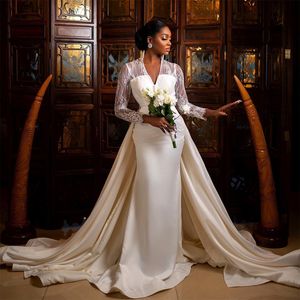 African Wedding Dresses for Women Lace Long Sleeve Bridal Gowns with Detachable Train Satin Mermaid vestido de novia on Sale