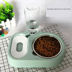 Cat Bowl Double Bowl Automatic Drinking Water Bottle Bowls Dog Food Container Basin Plate Non-wet Mouth Pet Feeder Supplies T200713