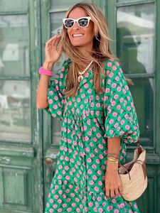 Boho Maxi Dress Women Floral Print Summer Holiday Beach Female Short Puff Sleeve LooseSundress Green Purple Vestidos Mujer 220418