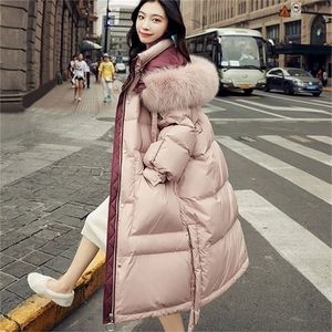 Bella Women Winter Women Women Raccoon Fur Hooded Duck White Down Coat Pink Solid Gross quente Logo Feminino Parkas 201209