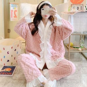 Kadın pijama 2022autumn kış pijamaları Set Kadın Uyku Gömlek Pantolon Sıcak Flanel Nightgown kadın karikatür Prenses Dantel Pijamaswome