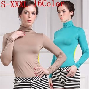 High Elastic Fashion Brand Korean Women's Spring Autumn Tops Cotton Long Sleeve Velvet Turtleneck T-shirt Women Shirts 210317