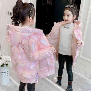 2022 New Winter Warm Cotton Padded Down Jacket For Girls Jacket Fashion Bright Waterproof Outerwear 3-12 Year Children clothing J220718