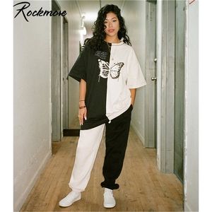 Rockmore Plus Size Tshirts women Contrast Color Streetwear T shirts Ladies Short Sleeve O Neck Harajuku Shirts LJ200813
