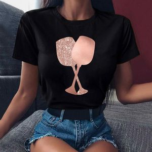 T-shirt Women Rose Gold Wine Womens Glasses Print White And Black Summer Casual Loose T Shirt Female Tops