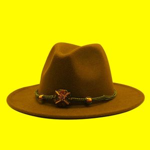 Basker kvinnor män bred grim ull filt jazz fedora hattar panama stil cowboy trilby party formell klänning hatt stor storlek gul vit 19olorberet