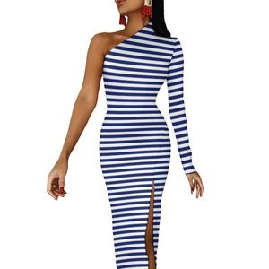 Casual Dresses Classic Stripes Long Dress Navy Blue and White Party Maxi Sleeve Vintage Bodycon Side Split Print Clothescasual