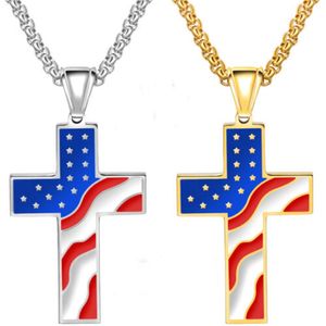Creative Alloy Gold Silver Enamel American Flag Cross Pendent Necklace for Men Women USA Independence Day Festival Necklaces Jewelry Gift