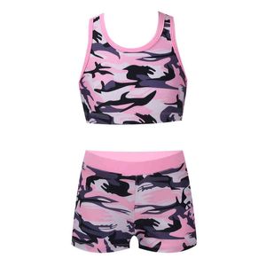 Kids Girls Two Pieces Swimsuit Sleeveless Tanks Bra Crop Top With Shorts Bottoms Set Dance Yoga Sports Suit Gymnastics Outfits G220509