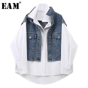 Mulheres brancas jeans irregulares blusa de tamanho grande novo lapela de lapela longa camisa fit moda moda primavera verão 1x255 201201