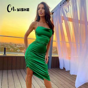 CNYISHE Green Red Birthday Party Strap Dress Women Clothing Spring Summer Sleeveless Bodycon Sheath Midi Dresses Sexy Robes 220511