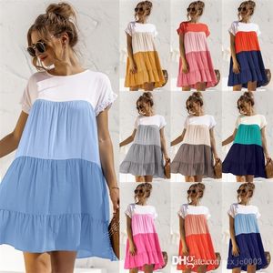 2022 Summer Womens Casual Dress Kjol Kort ärm Ruffle kontrast Färgstygn Skjorta Klänningar Designerkläder