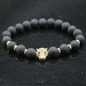 Pulseira de miçangas de cabeça de leopardo 8 mm de pedra natural lava cz zircão de ouro p miçangas bangolle de gabarismo de yoga homem amante de homens amantes jóias