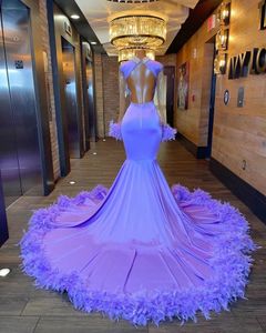 Sexy Lilac Mermaid Feathers Prom Dresses For Women Crystal Applique Gowns Long Sleeves Graduations Party Wear