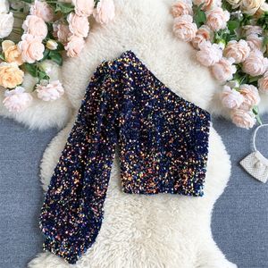 가을 제품 비스듬한 칼라 티셔츠 Strapless 일방적 인 퍼프 슬리브 슬림 피트 짧은 짧은 Sequined Top HK102 Womens 의류 220328