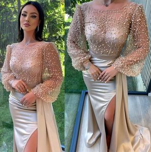 2022 Artı Boyut Arapça Aso EBi Şampanya Deniz Kızı Dantel Balo Elbiseleri şeffaf boyunlu boncuklu akşam resmi parti ikinci resepsiyon doğum günü nişan nedime elbisesi