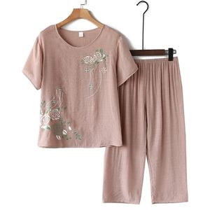 Hause Mama Nachthemd Leinen Baumwolle Weibliche Bunte Set Von Zwei Mode Stücke Kurzarm Casual Kurze Lose Frauen Pyjama Große größe 210924