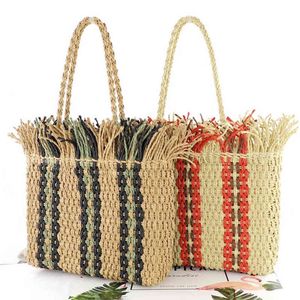 Bohemia Striped Tassel Straw Bag Women Shoulder Bag Large Capacity Paper Rope Woven Women Handbag Boho Beach Tote Women's Bag G220531