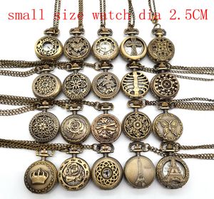 Großhandel 100 teile/los Mix 30 Designs Fall Durchmesser 2,5 CM Anhänger Kette Quarz Bronze Kleine Krone Uhr Taschenuhr