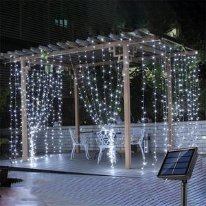 Solar LED Luz Ao Ar Livre Christmas Fairy Fairy String Cortina Curtain Light 3MX3M para Decoração do ano do quarto do casamento da festa 220408
