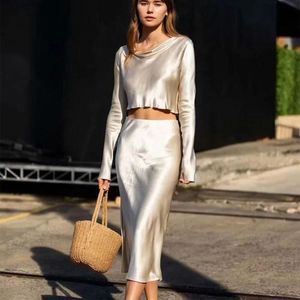 Work Dresses Elegant Silk Satin Two 2 Piece Skirt Set Women Outfits 2022 Spring Fashion Long Sleeve Blouse Shirts Skirts Matching SetsWork