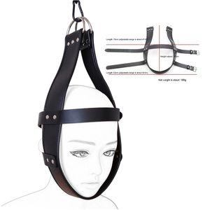 Pu läderhuvudsupphängningsele mask hänger fetisch huva med ring begränsningar bdsm hängande bondage vuxna spel