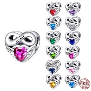 925 Silver Fit Pandora Charm 925 Bracciale colorato a forma di cuore Birthstone charms set Ciondolo gioielli fai da te perline fini