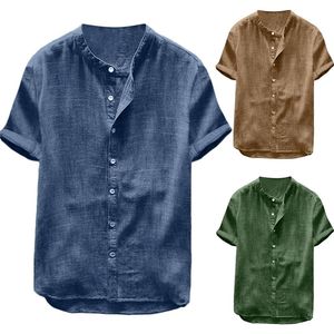 Summer Men Cotton Linen Blus Casual Solid Color Short Sleeve Cotton Linen Button Down Beach Loose Holiday Shirt Bekväm 220610